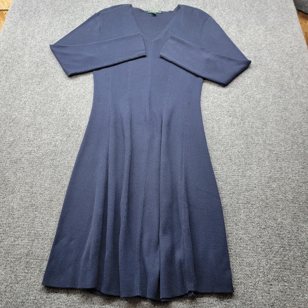 Lauren Ralph Lauren Navy Blue Ribbed Knit V-Neck A-Line Midi Dress 3X Cotton